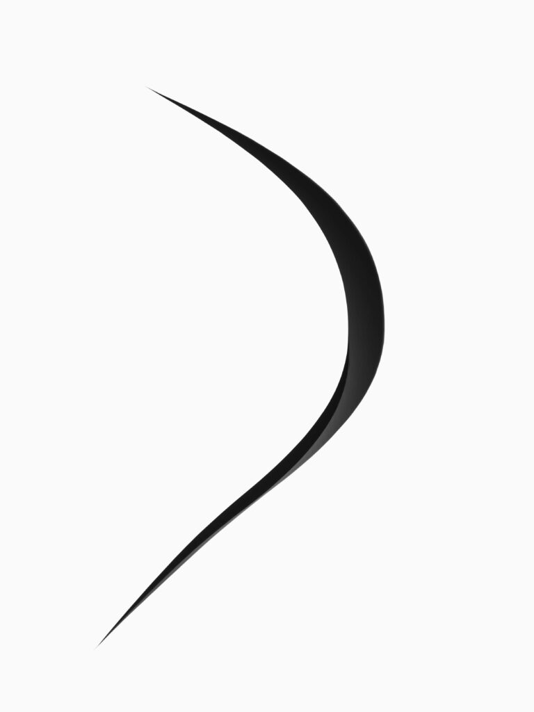 Minimalistische en abstracte compositie van een scherpe, gebogen zwarte vorm op een witte achtergrond. Het ontwerp straalt eenvoud en dynamiek uit, met een krachtig contrast. Dit werk verbeeldt de essentie van de artistieke visie en vormt een abstraherende basis van het werk van Jasper Mulder. Vastgelegd in Amsterdam.