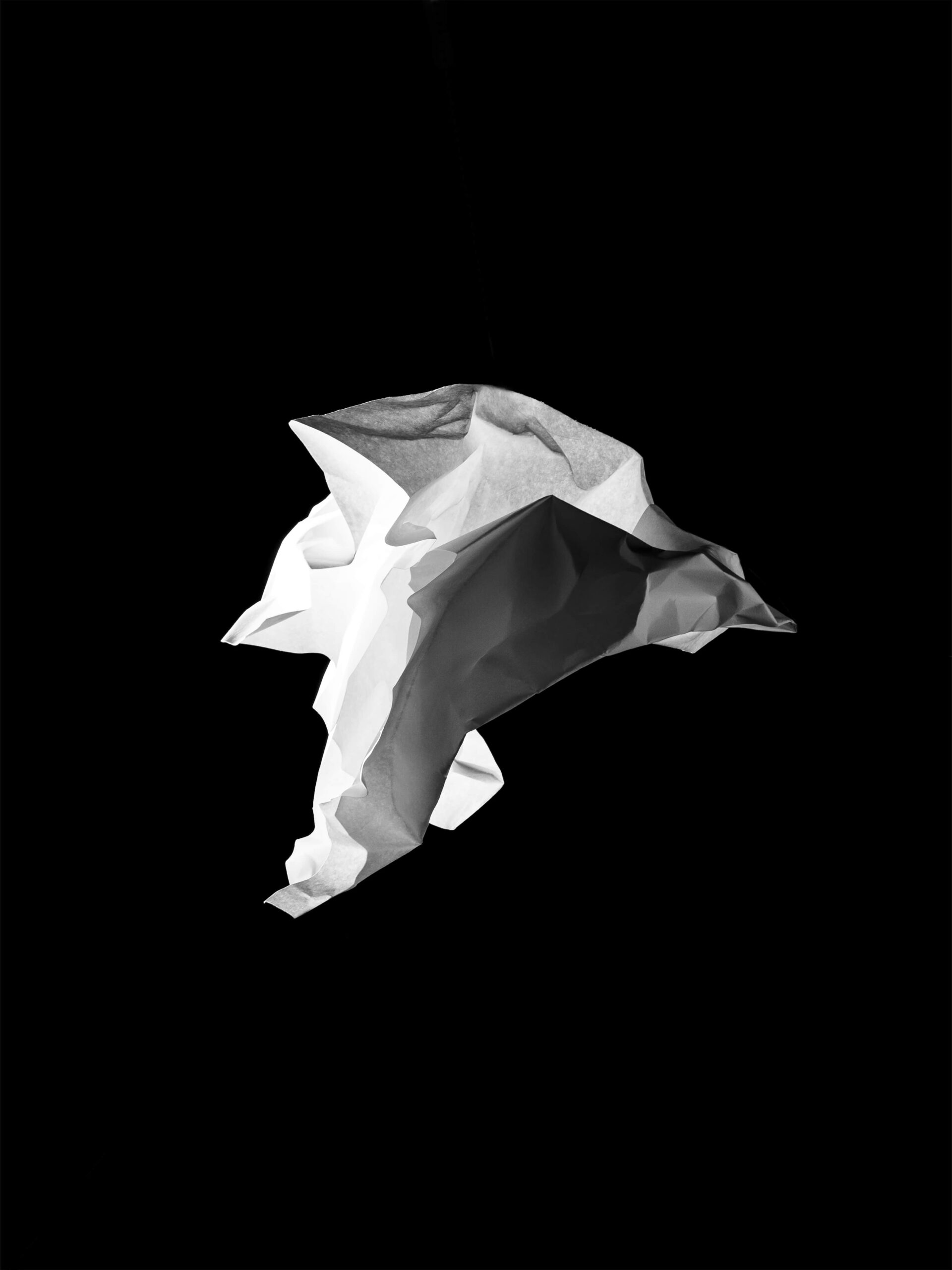 Minimalistische en abstracte compositie van een zwevende, gekreukte papieren vorm op een diepe zwarte achtergrond. Het scherpe lichtspel benadrukt textuur en vorm, en creëert een sculpturale aanwezigheid. Dit werk vangt de essentie van vergankelijkheid en materialiteit, en vormt een abstraherende basis van het werk van Jasper Mulder. Vastgelegd in Amsterdam.