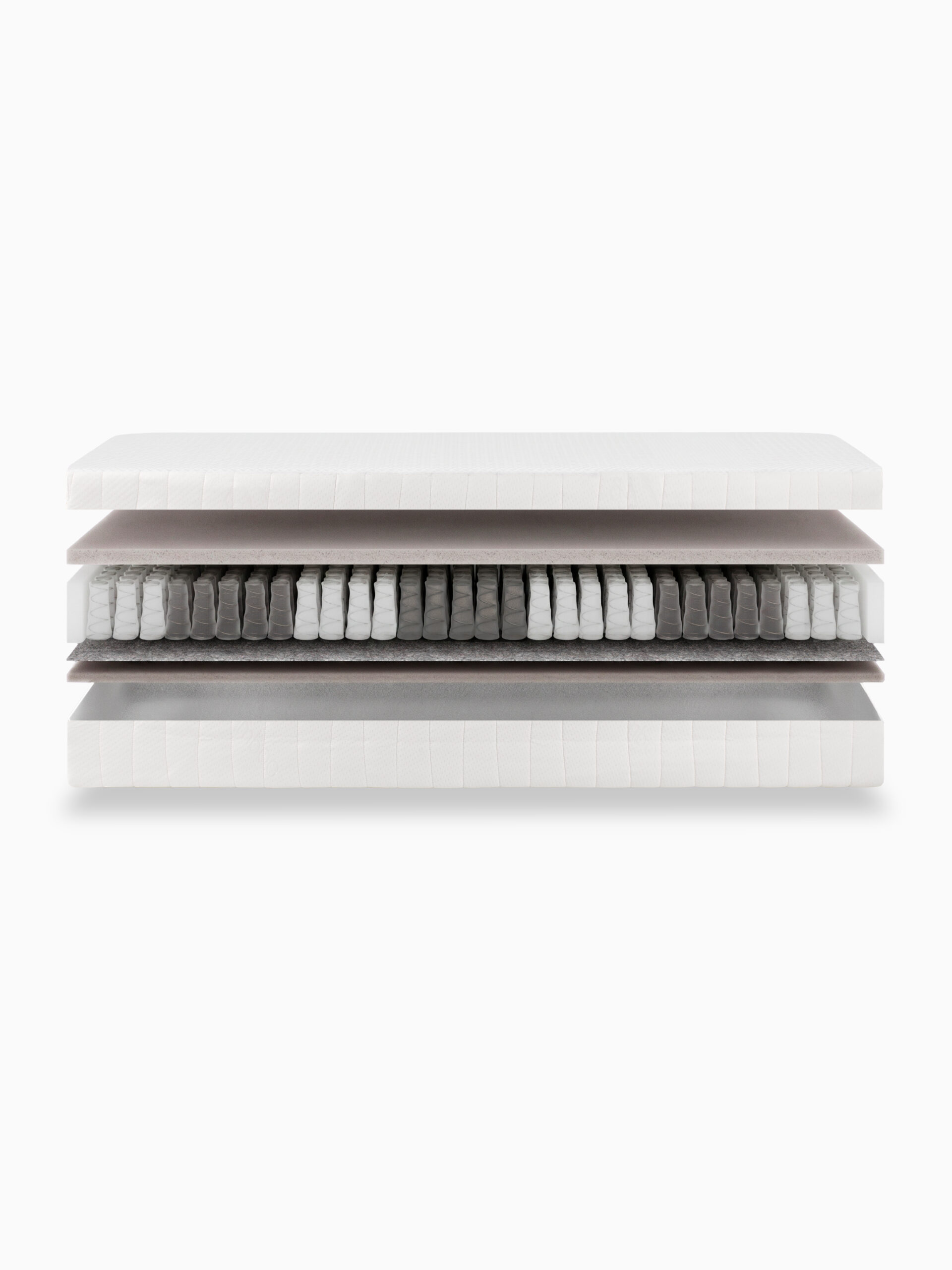 Technische 3D-render van een pocketveringmatras met zichtbaar gemaakte interne lagen, ontworpen voor productpresentatie en e-commerce.