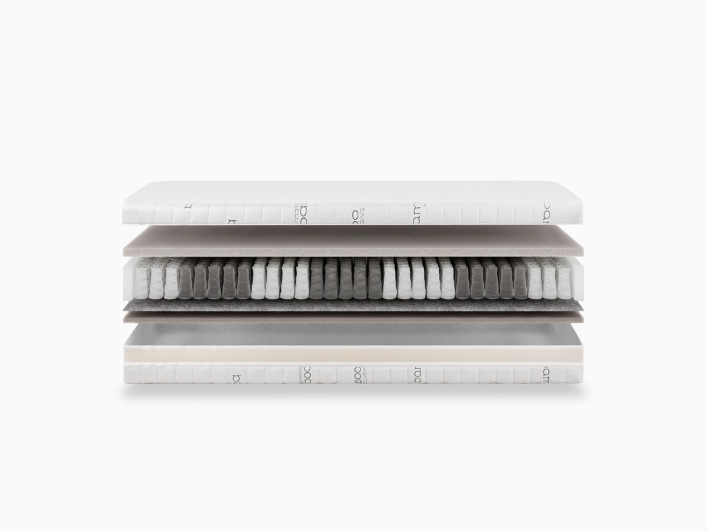 Technische 3D-render van een pocketveringmatras met zichtbaar gemaakte interne lagen, ontworpen voor productpresentatie en e-commerce.