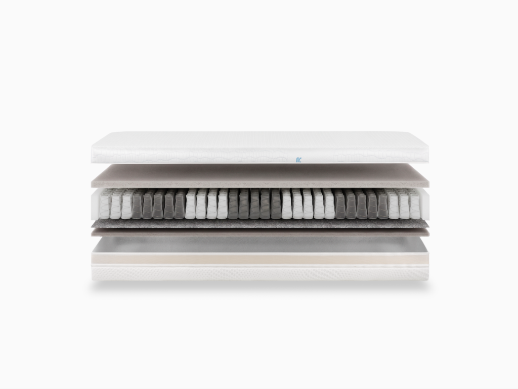 Technische 3D-render van een pocketveringmatras met zichtbaar gemaakte interne lagen, ontworpen voor productpresentatie en e-commerce.