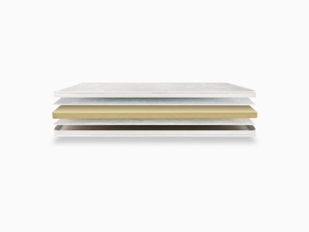 3D-productvisualisatie van een matras in exploded view, waarbij de verschillende materiaal- en schuimlagen zichtbaar zijn.